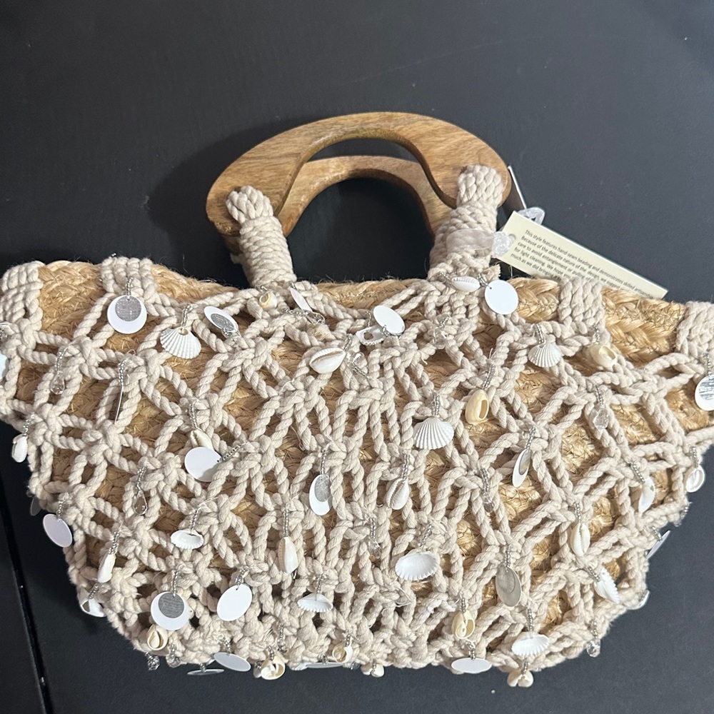 Made in India rope/rattan wooden handle bag with beads and shells